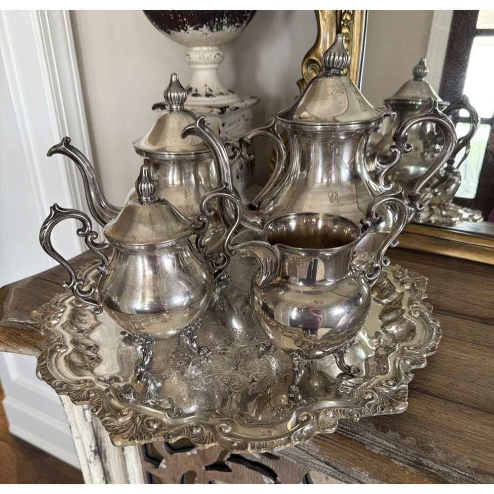 Birmingham Silver Company Silverplate 4-Piece Tea Set with Wallace Ornate Tray